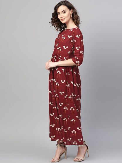 Women Maroon & White Floral Printed Maxi Dress | LASVINI - Redefining Indian Fashion with Elegance