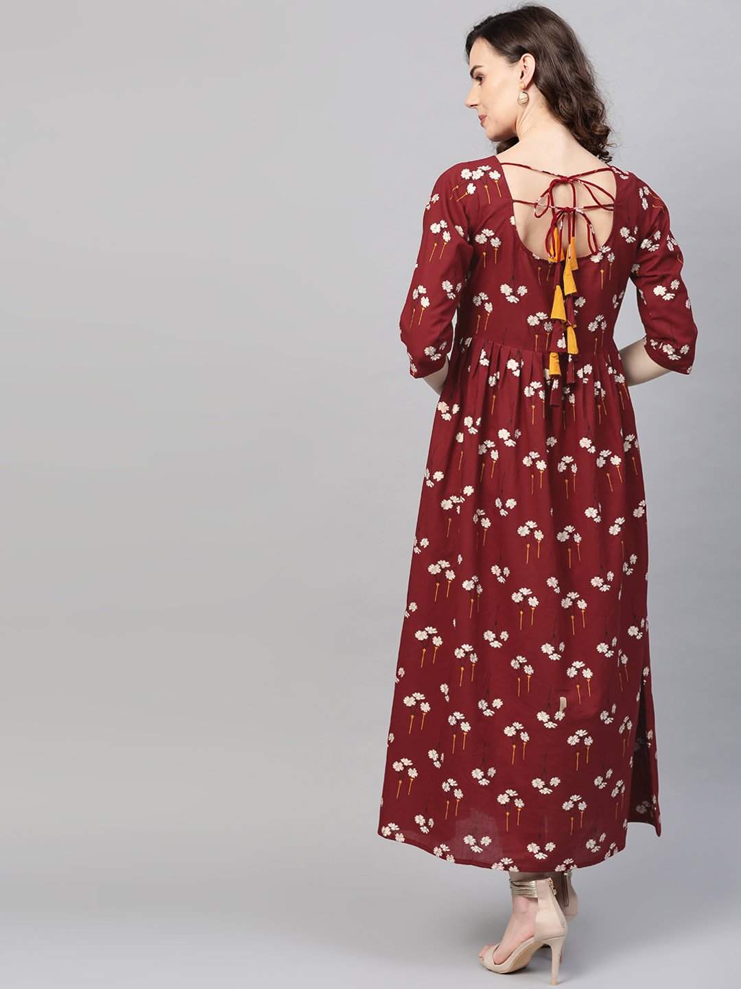 Women Maroon & White Floral Printed Maxi Dress | LASVINI - Redefining Indian Fashion with Elegance