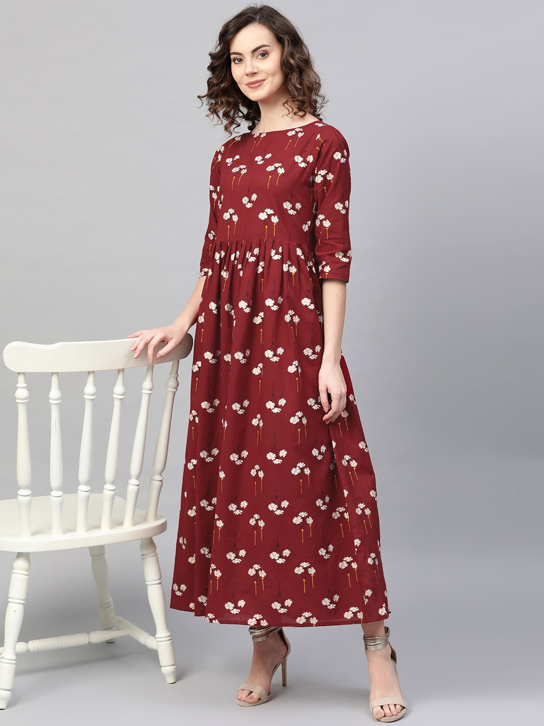 Women Maroon & White Floral Printed Maxi Dress | LASVINI - Redefining Indian Fashion with Elegance