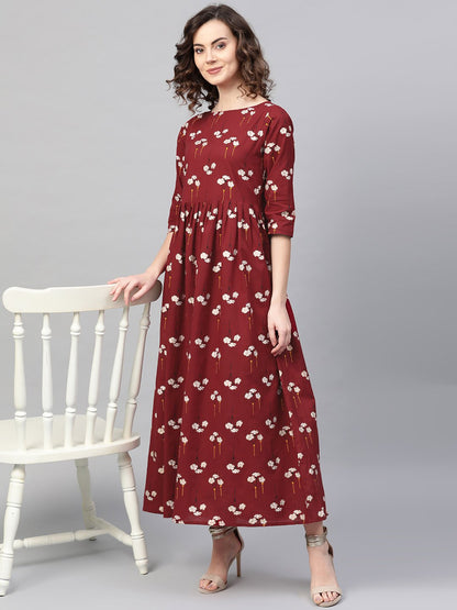 Women Maroon & White Floral Printed Maxi Dress | LASVINI - Redefining Indian Fashion with Elegance