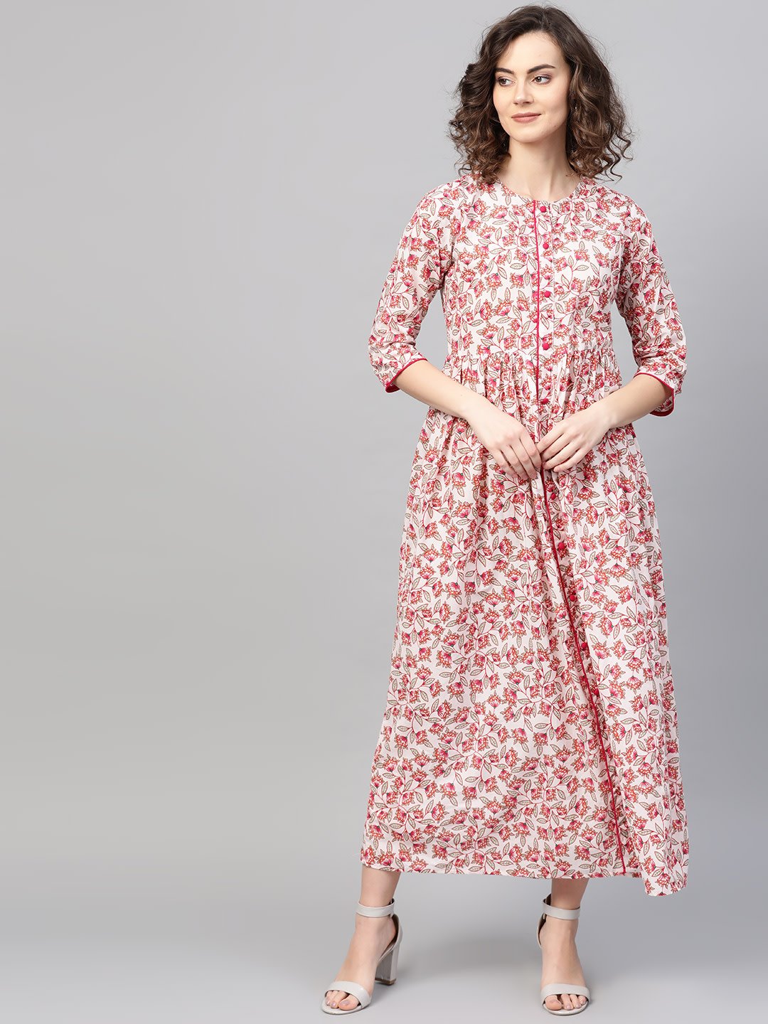 Women White & Pink Floral Printed Maxi Dress | LASVINI - Redefining Indian Fashion with Elegance