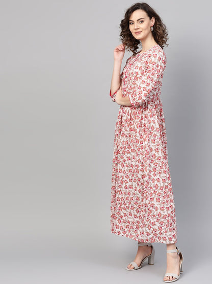 Women White & Pink Floral Printed Maxi Dress | LASVINI - Redefining Indian Fashion with Elegance