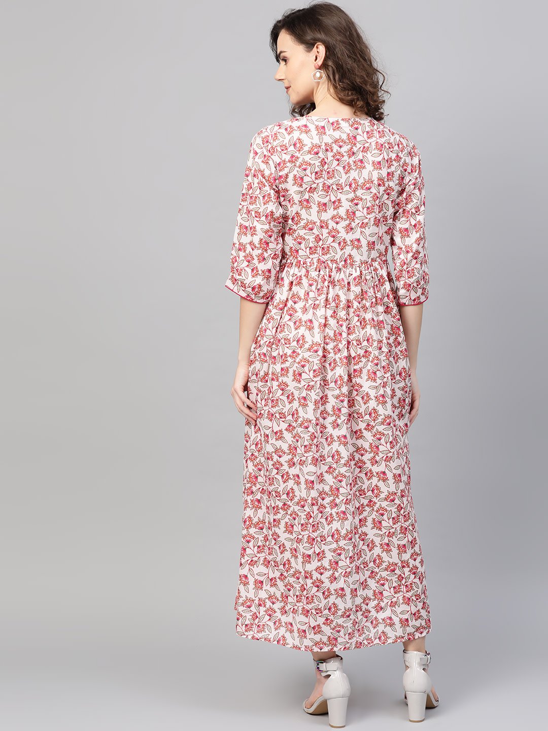 Women White & Pink Floral Printed Maxi Dress | LASVINI - Redefining Indian Fashion with Elegance