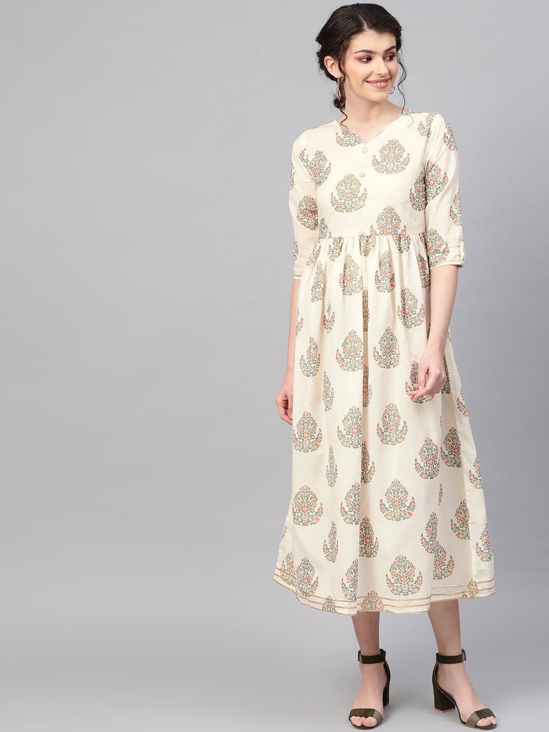 Women Off White & Gold Ethnic Motifs Printed Maxi Dress | LASVINI - Redefining Indian Fashion with Elegance
