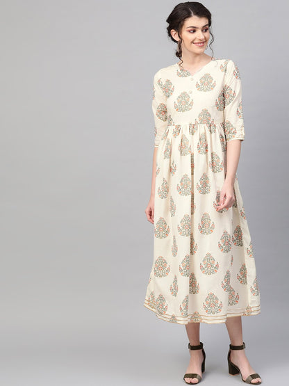 Women Off White & Gold Ethnic Motifs Printed Maxi Dress | LASVINI - Redefining Indian Fashion with Elegance