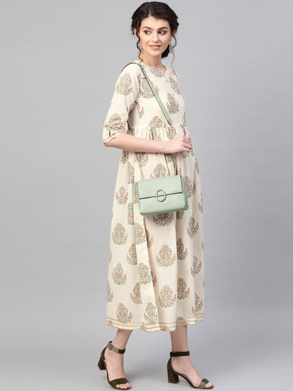 Women Off White & Gold Ethnic Motifs Printed Maxi Dress | LASVINI - Redefining Indian Fashion with Elegance