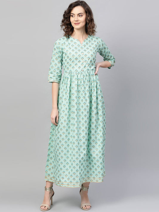 Women Green & Blue Floral Printed Maxi Dress | LASVINI - Redefining Indian Fashion with Elegance