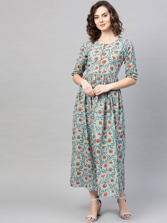 Women Green & Orange Floral Printed Maxi Dress | LASVINI - Redefining Indian Fashion with Elegance
