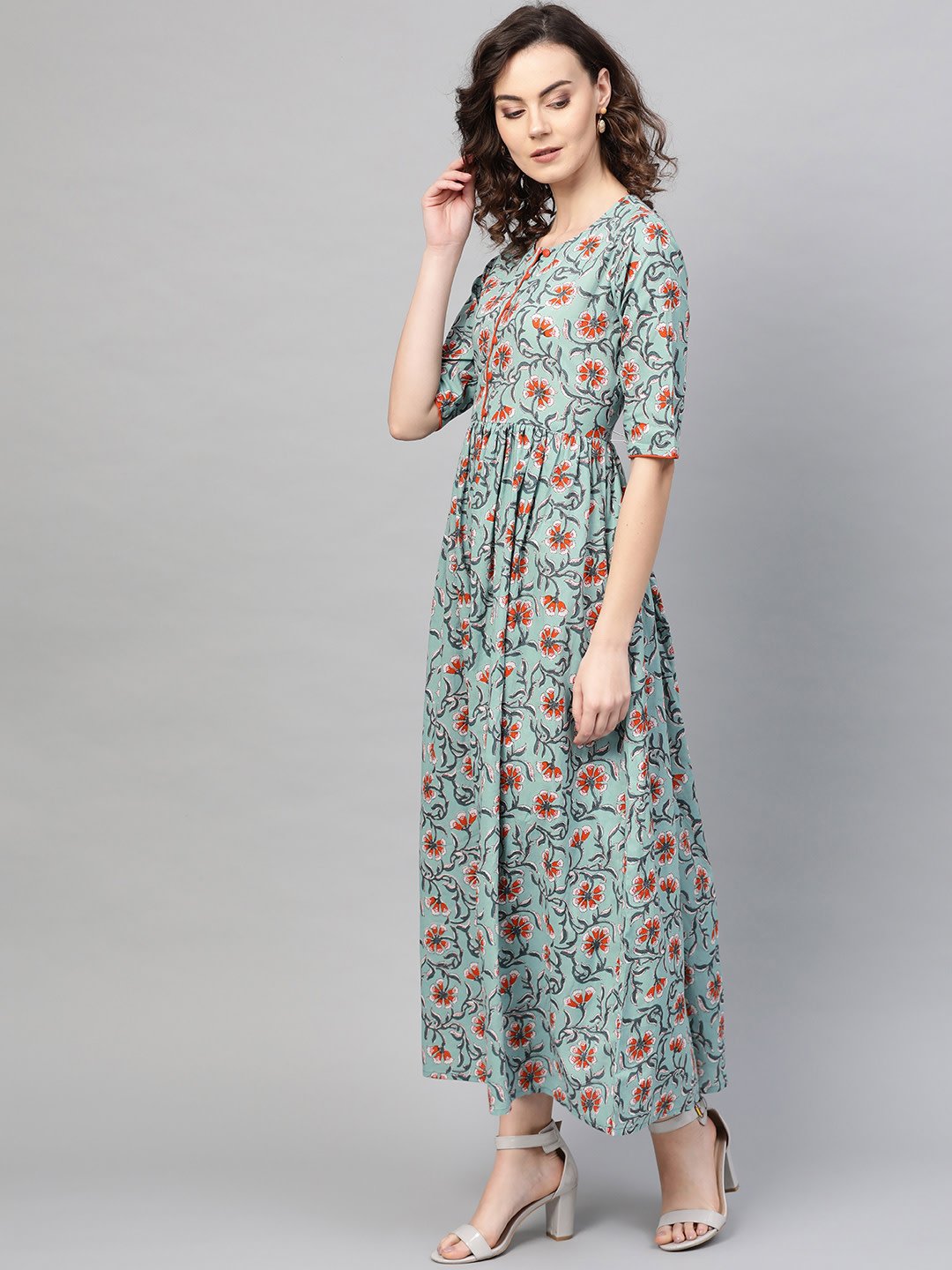 Women Green & Orange Floral Printed Maxi Dress | LASVINI - Redefining Indian Fashion with Elegance