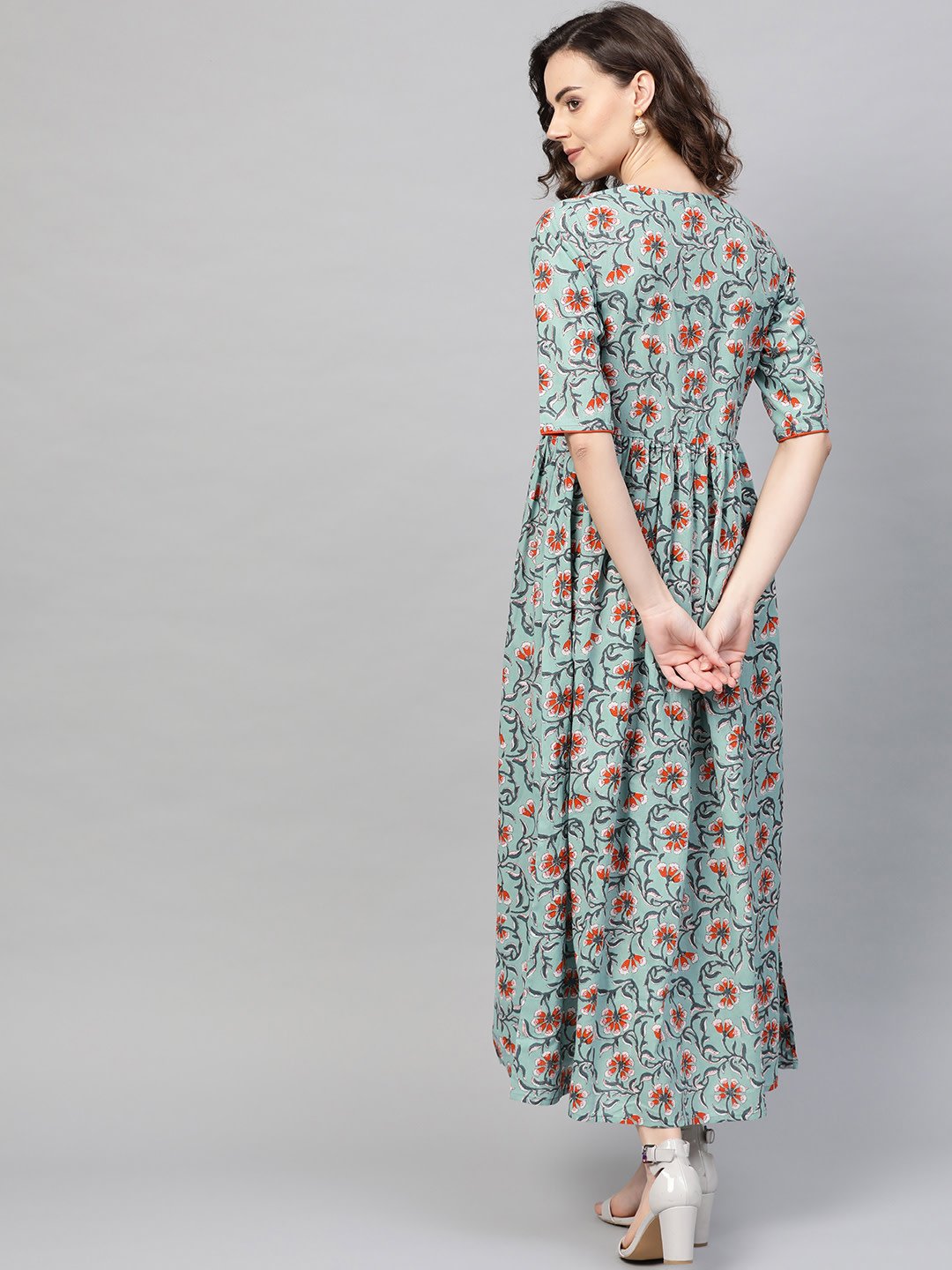 Women Green & Orange Floral Printed Maxi Dress | LASVINI - Redefining Indian Fashion with Elegance