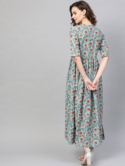 Women Green & Orange Floral Printed Maxi Dress | LASVINI - Redefining Indian Fashion with Elegance