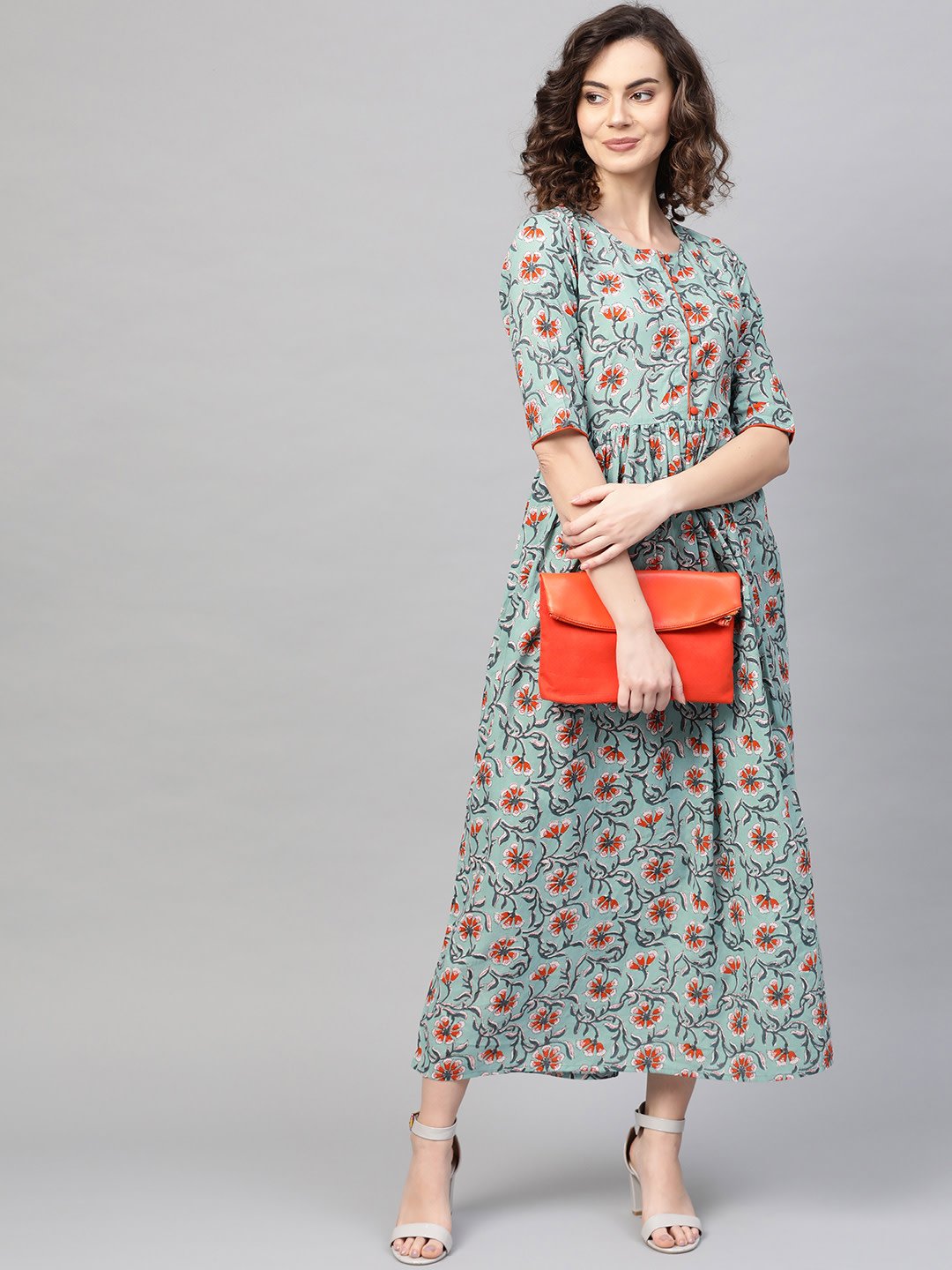 Women Green & Orange Floral Printed Maxi Dress | LASVINI - Redefining Indian Fashion with Elegance
