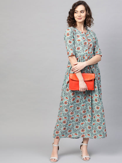 Women Green & Orange Floral Printed Maxi Dress | LASVINI - Redefining Indian Fashion with Elegance