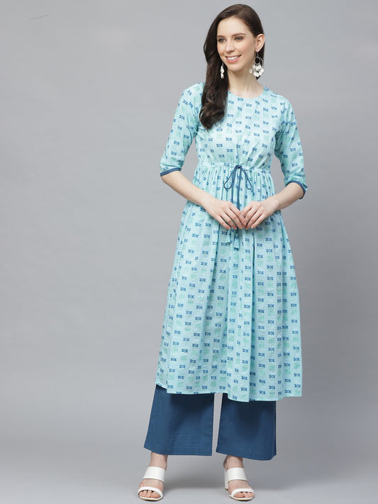 Women A-Line Waist Tie-Up Blue Printed Kurta & Palazzo Set | LASVINI - Redefining Indian Fashion with Elegance