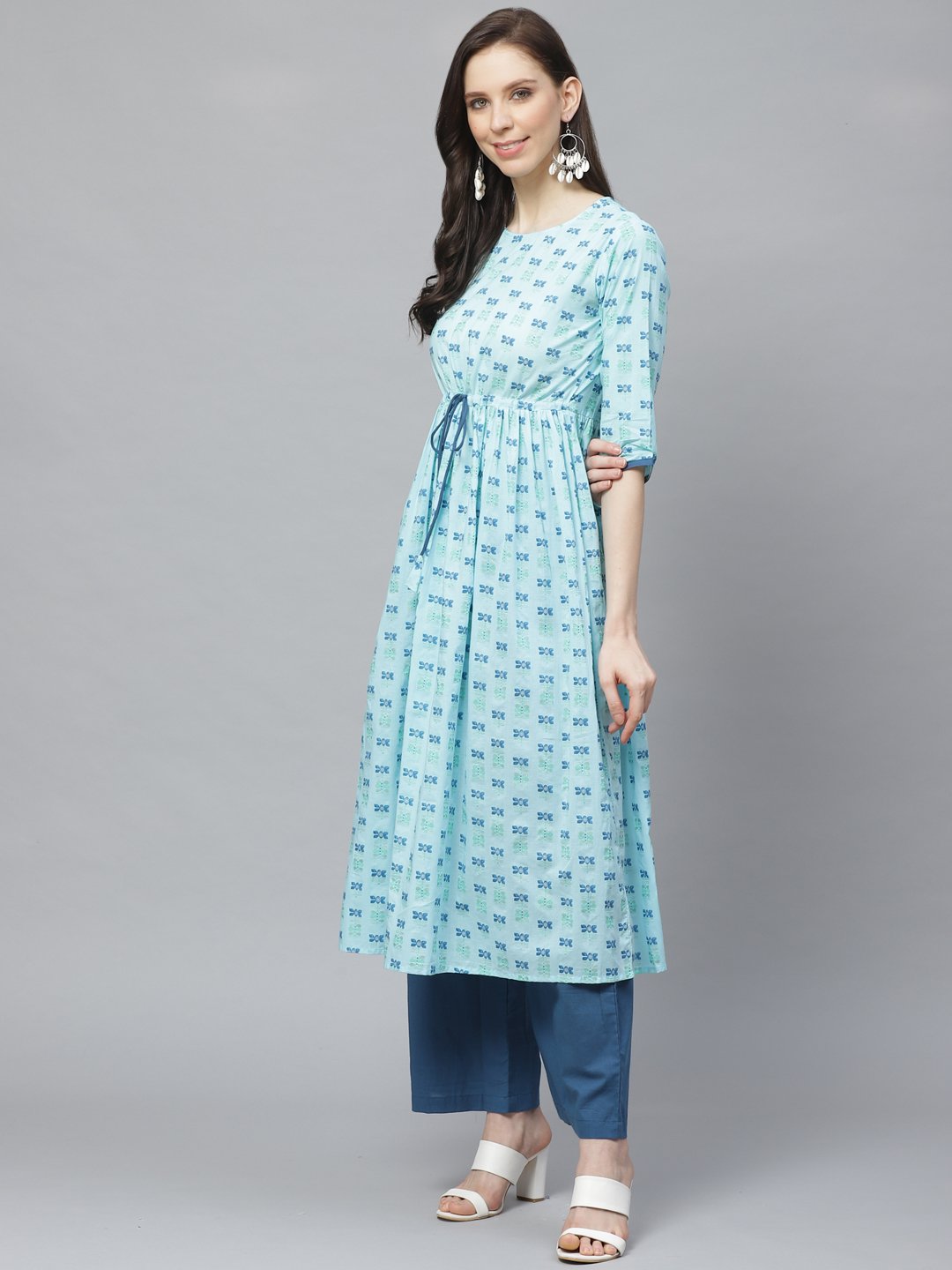 Women A-Line Waist Tie-Up Blue Printed Kurta & Palazzo Set | LASVINI - Redefining Indian Fashion with Elegance