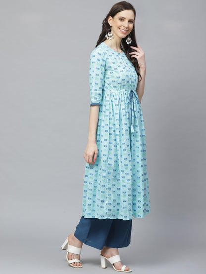 Women A-Line Waist Tie-Up Blue Printed Kurta & Palazzo Set | LASVINI - Redefining Indian Fashion with Elegance