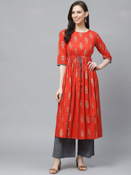Women A-Line Waist Tie-Up Red & Gold Printed Kurta & Palazzo Set | LASVINI - Redefining Indian Fashion with Elegance