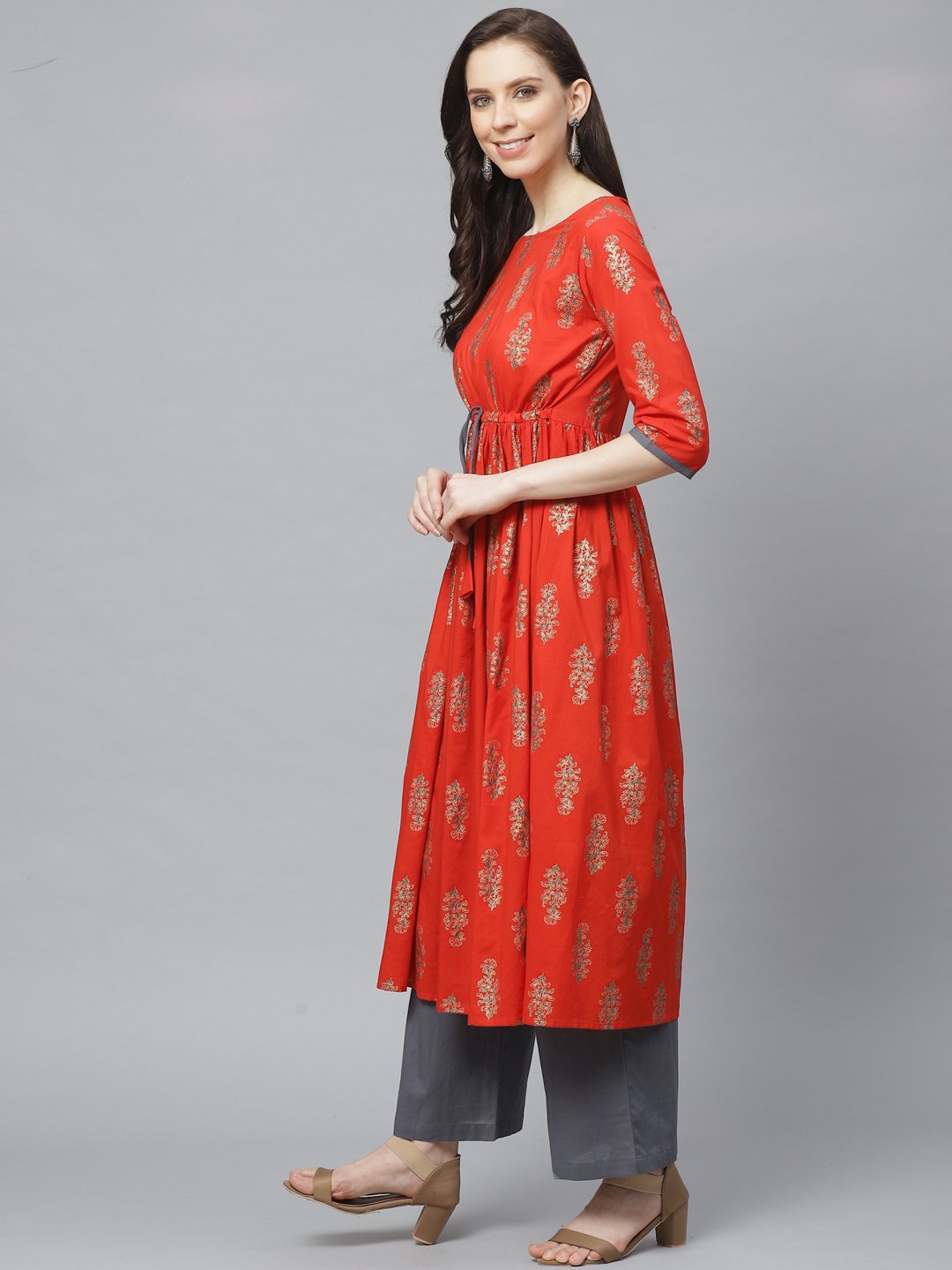 Women A-Line Waist Tie-Up Red & Gold Printed Kurta & Palazzo Set | LASVINI - Redefining Indian Fashion with Elegance