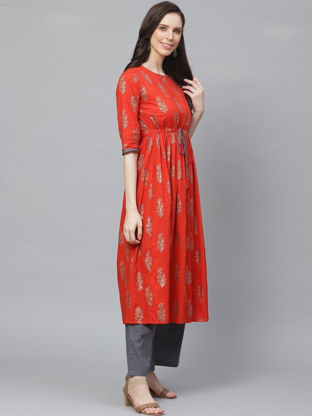 Women A-Line Waist Tie-Up Red & Gold Printed Kurta & Palazzo Set | LASVINI - Redefining Indian Fashion with Elegance