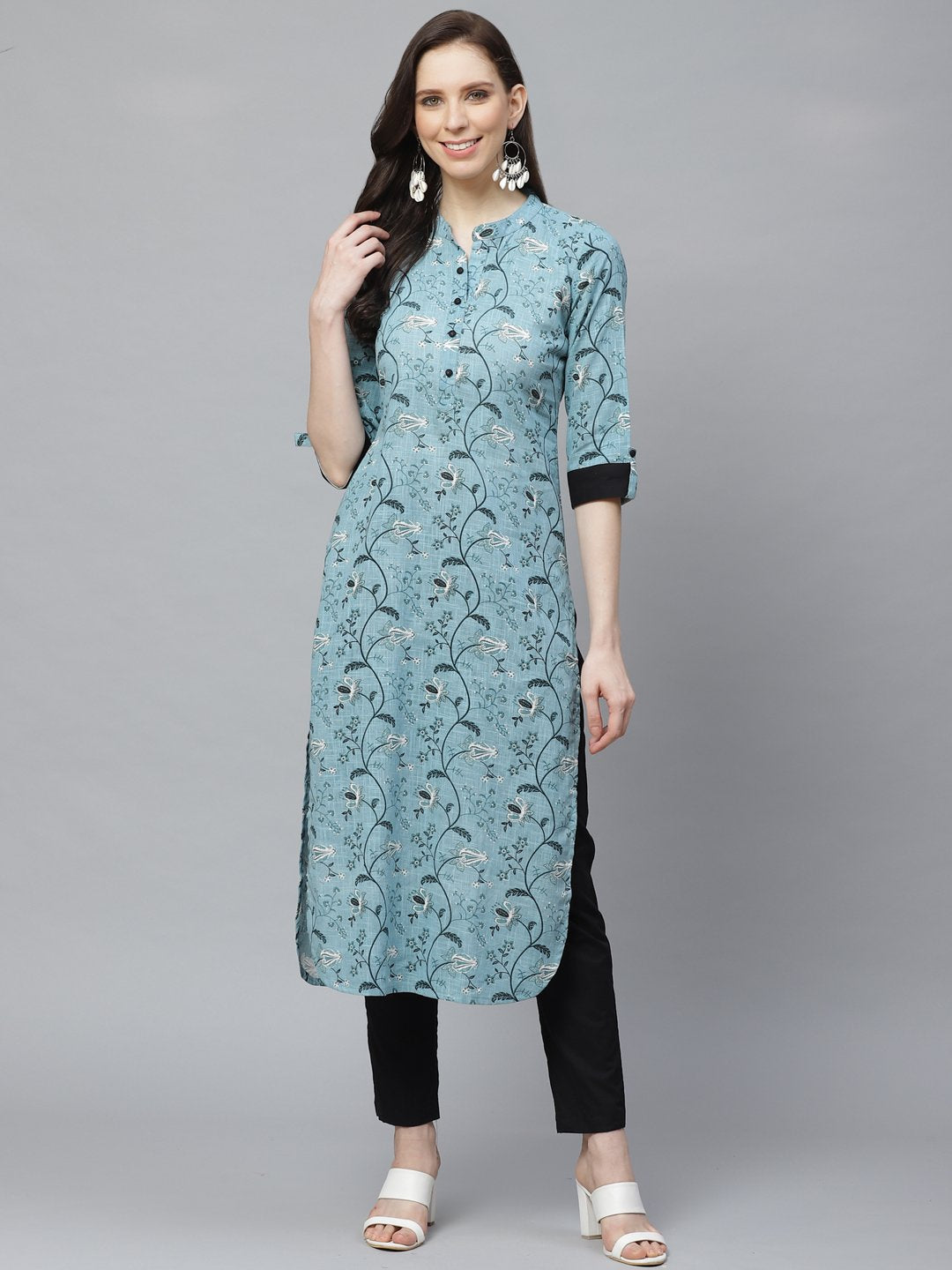 Women Straight Grey & Black Printed Kurta & Palazzo Set | LASVINI - Redefining Indian Fashion with Elegance
