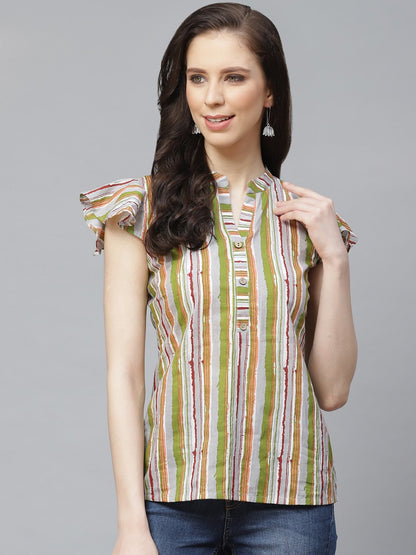 Women Grey & Multi Regular Vertical Stripes Mandarin Collar Top | LASVINI - Redefining Indian Fashion with Elegance