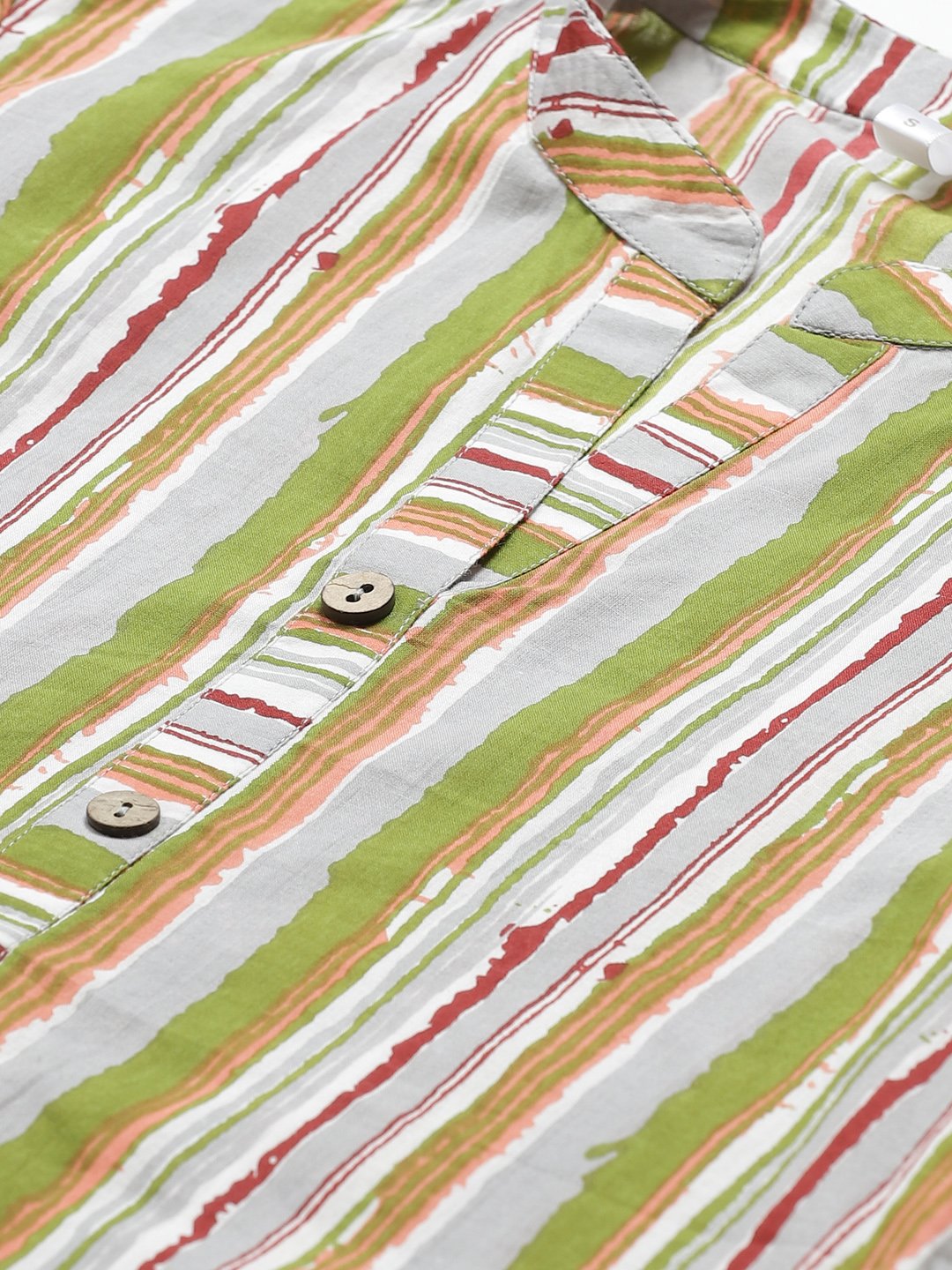 Women Grey & Multi Regular Vertical Stripes Mandarin Collar Top | LASVINI - Redefining Indian Fashion with Elegance