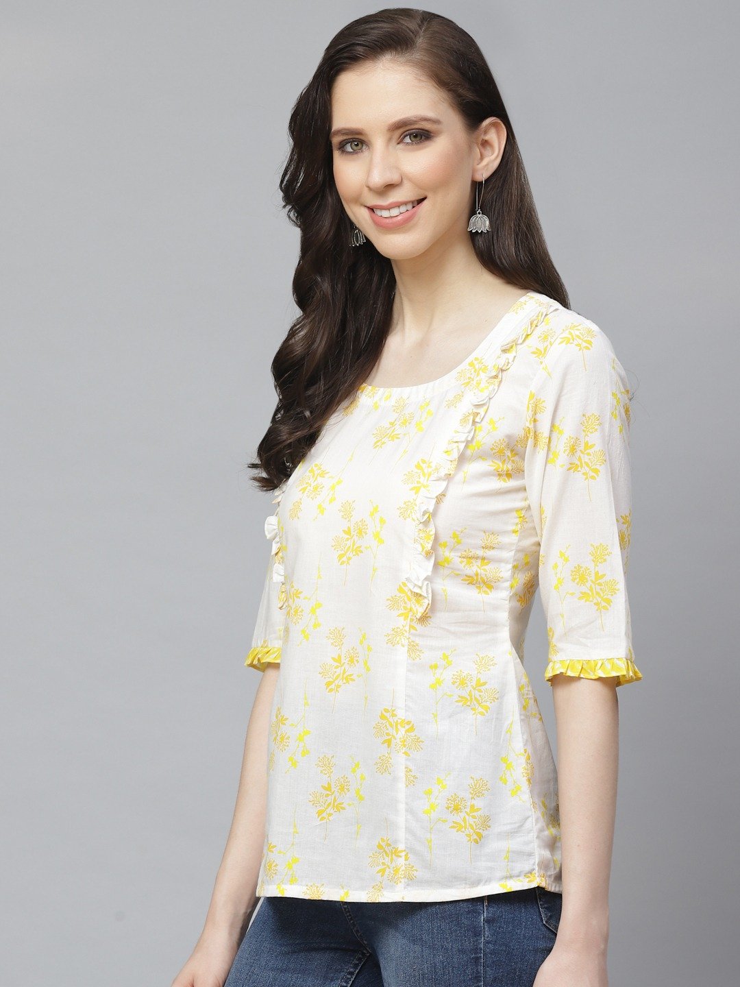 Women White & Yellow Regular Floral Printed Round Neck Top | LASVINI - Redefining Indian Fashion with Elegance