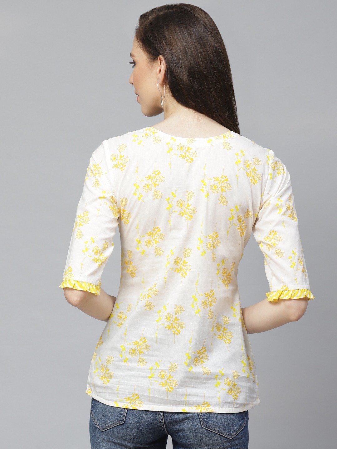 Women White & Yellow Regular Floral Printed Round Neck Top | LASVINI - Redefining Indian Fashion with Elegance