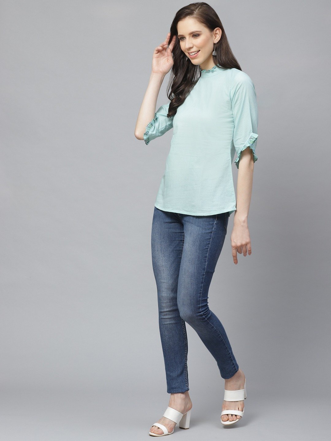 Women Blue A-Line Solid High Neck Top | LASVINI - Redefining Indian Fashion with Elegance