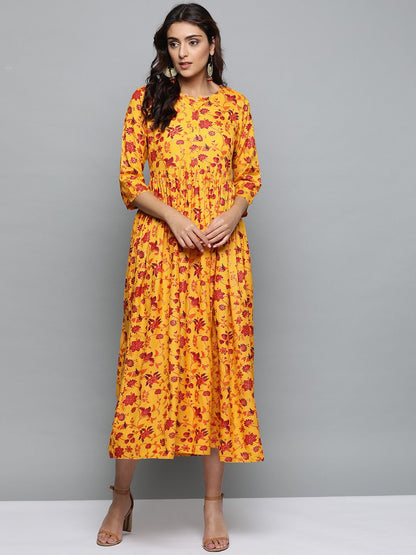Women Mustard Yellow Floral Printed Round Neck A-Line Dress | LASVINI - Redefining Indian Fashion with Elegance