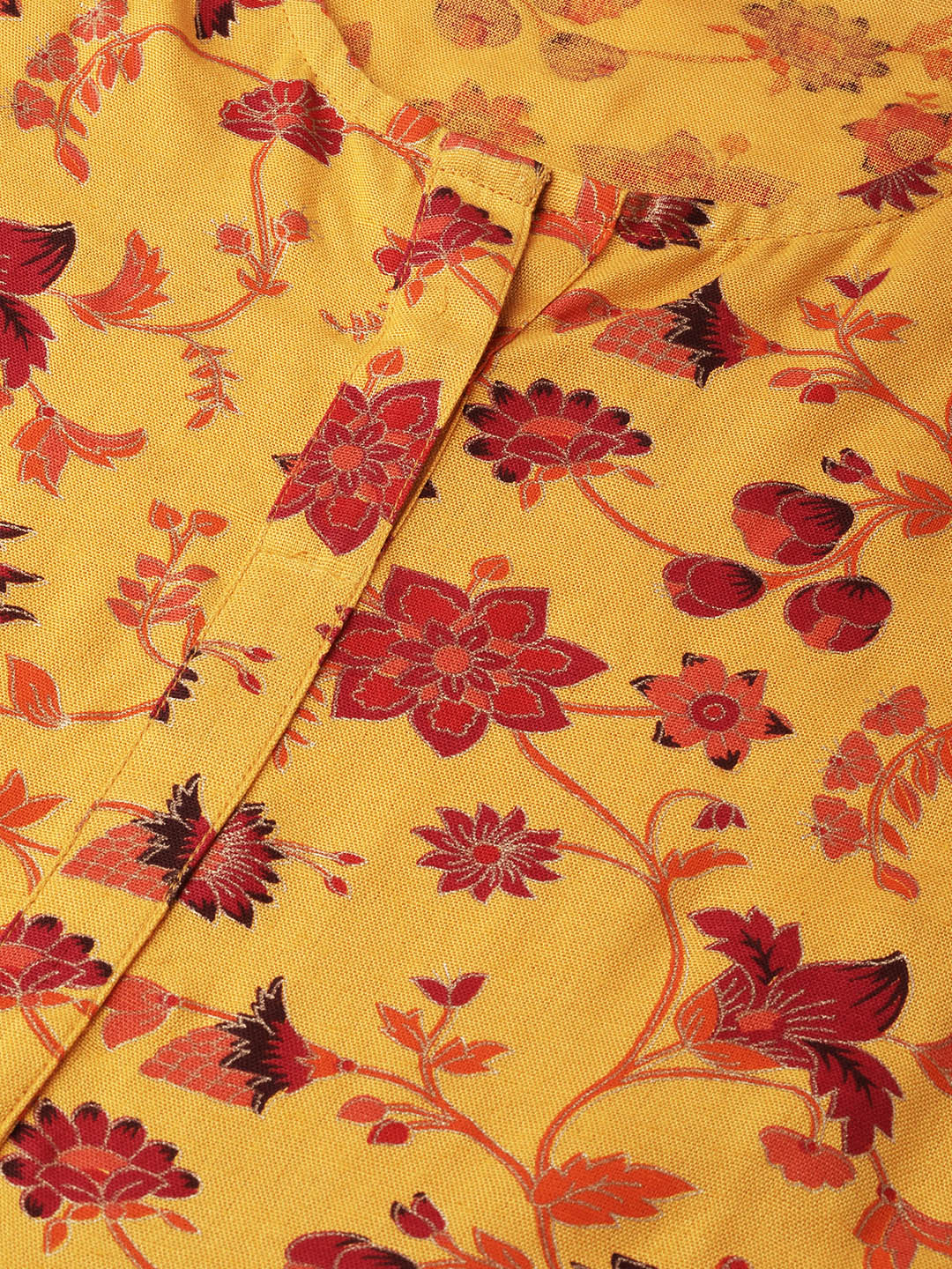 Women Mustard Yellow Floral Printed Round Neck A-Line Dress | LASVINI - Redefining Indian Fashion with Elegance