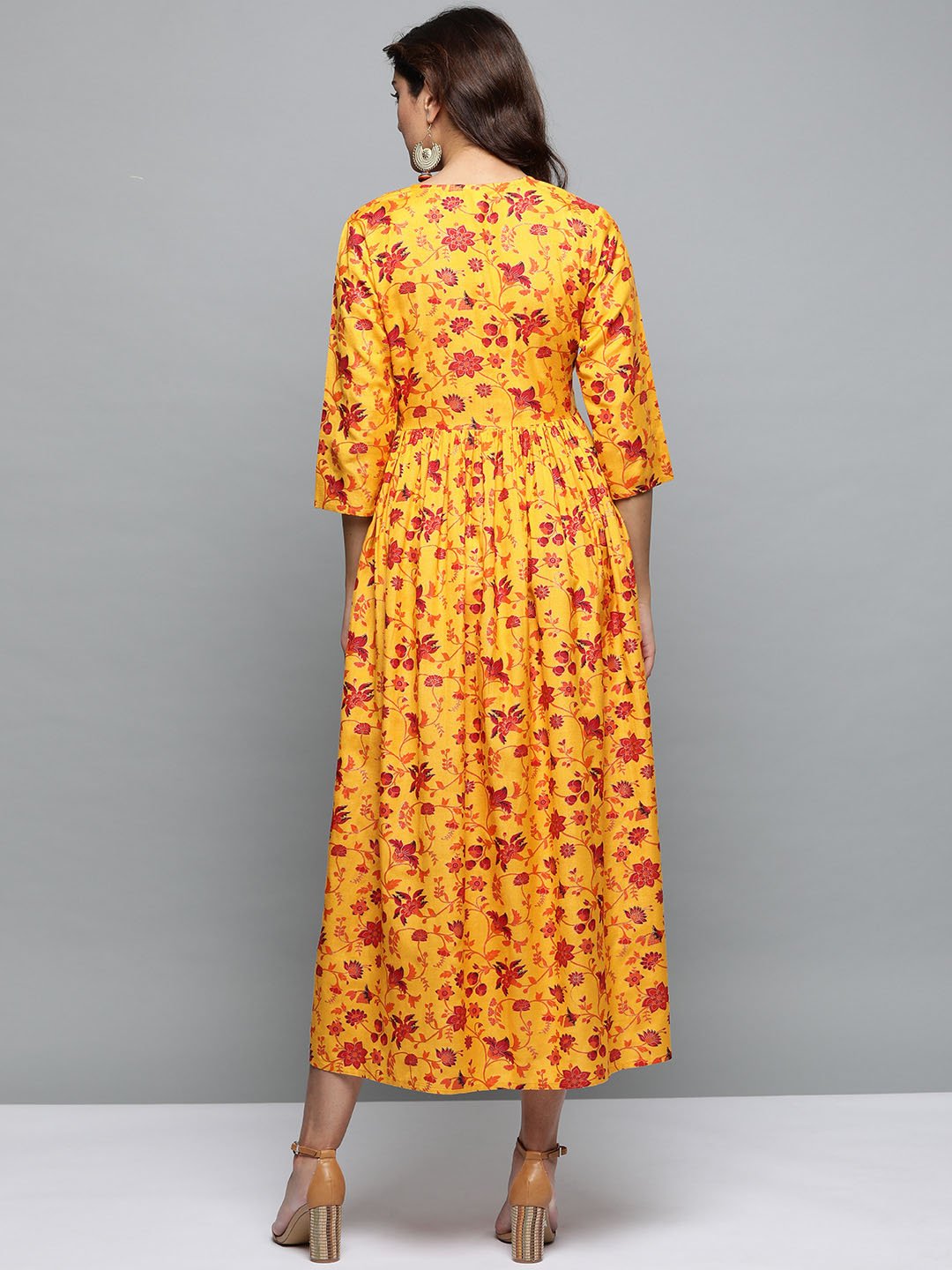 Women Mustard Yellow Floral Printed Round Neck A-Line Dress | LASVINI - Redefining Indian Fashion with Elegance