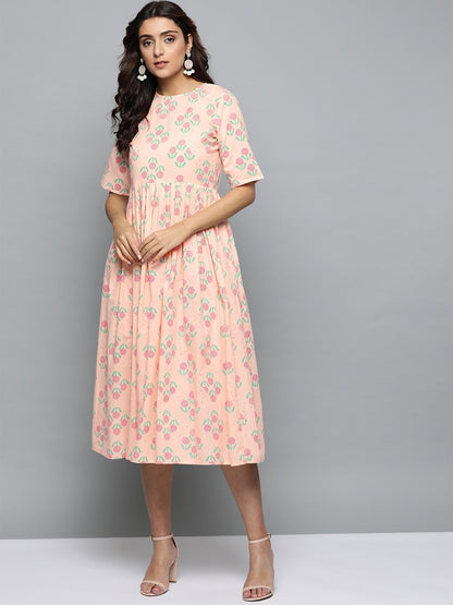 Women Peach Floral Printed Round Neck A-Line Dress | LASVINI - Redefining Indian Fashion with Elegance