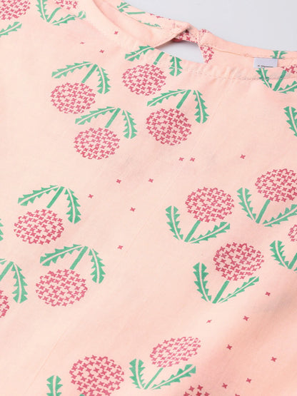 Women Peach Floral Printed Round Neck A-Line Dress | LASVINI - Redefining Indian Fashion with Elegance