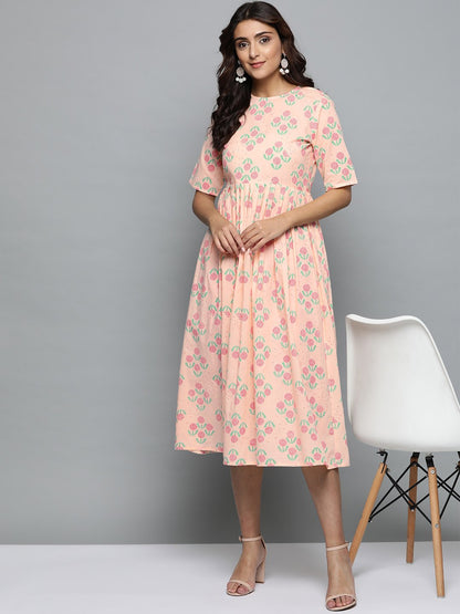 Women Peach Floral Printed Round Neck A-Line Dress | LASVINI - Redefining Indian Fashion with Elegance