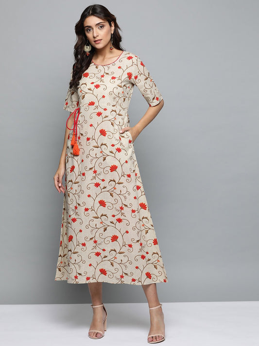 Women Beige Floral Printed Round Neck A-Line Dress | LASVINI - Redefining Indian Fashion with Elegance