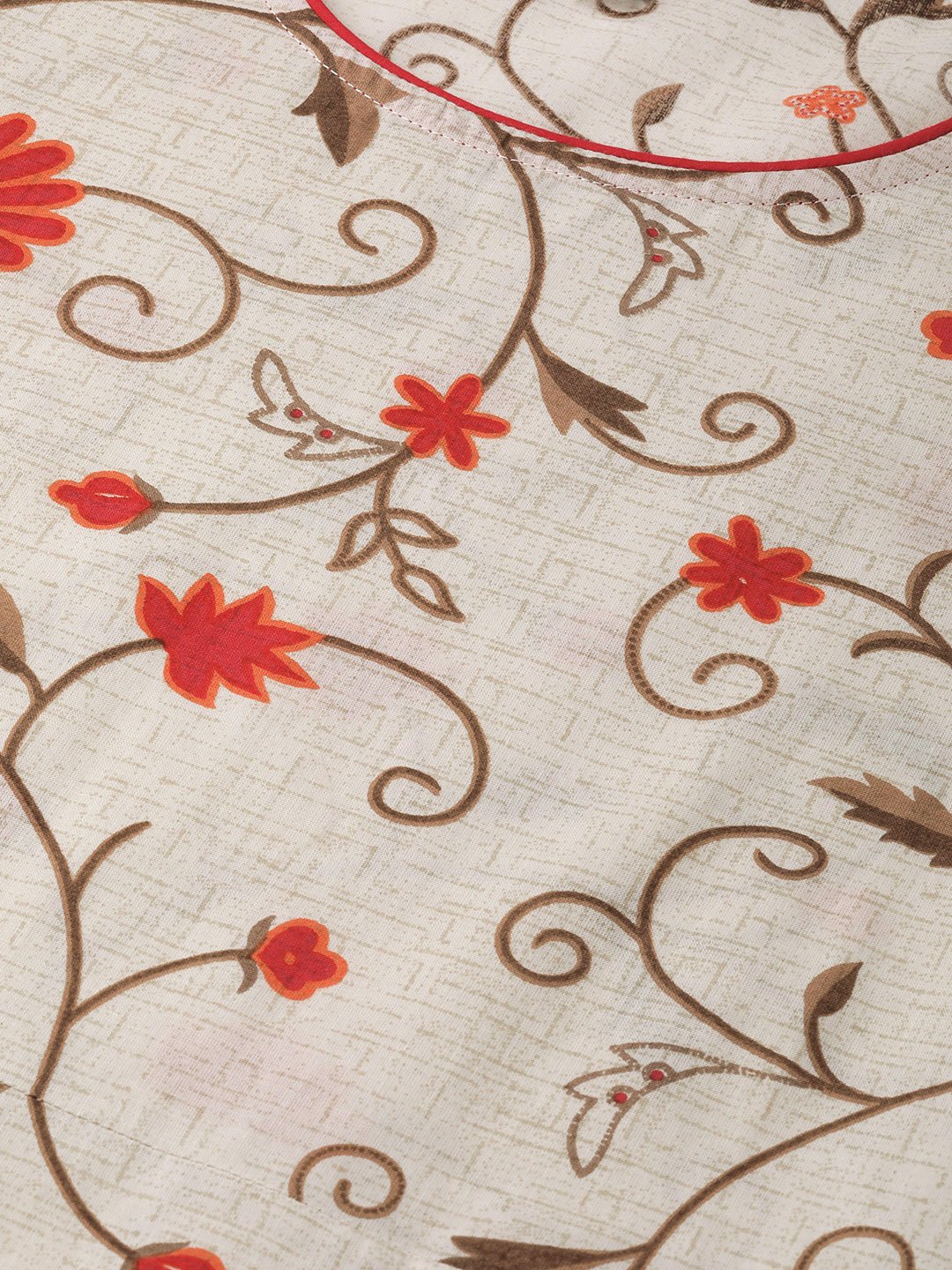 Women Beige Floral Printed Round Neck A-Line Dress | LASVINI - Redefining Indian Fashion with Elegance