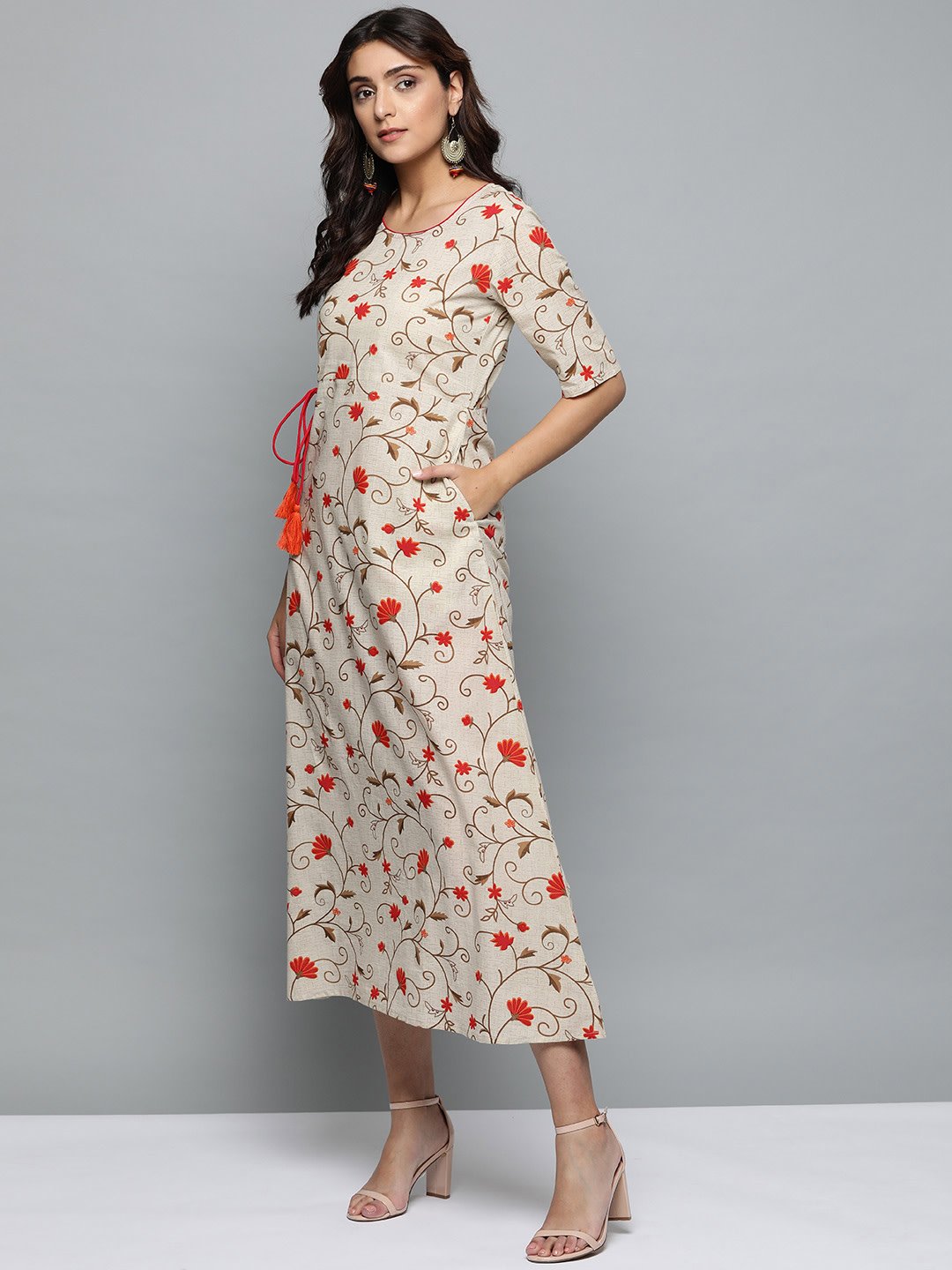 Women Beige Floral Printed Round Neck A-Line Dress | LASVINI - Redefining Indian Fashion with Elegance
