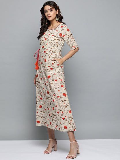 Women Beige Floral Printed Round Neck A-Line Dress | LASVINI - Redefining Indian Fashion with Elegance