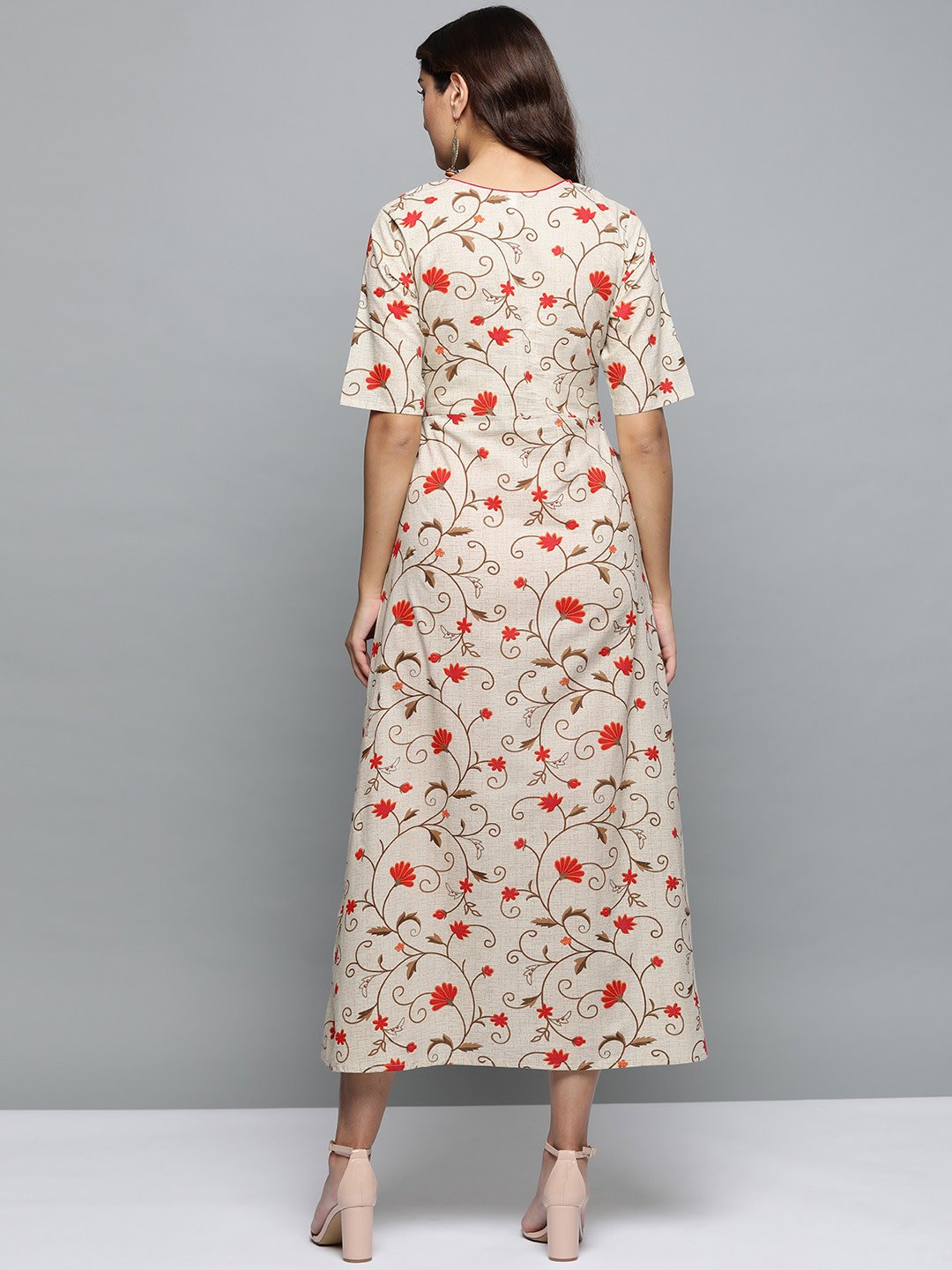 Women Beige Floral Printed Round Neck A-Line Dress | LASVINI - Redefining Indian Fashion with Elegance