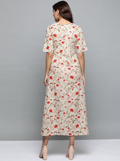 Women Beige Floral Printed Round Neck A-Line Dress | LASVINI - Redefining Indian Fashion with Elegance