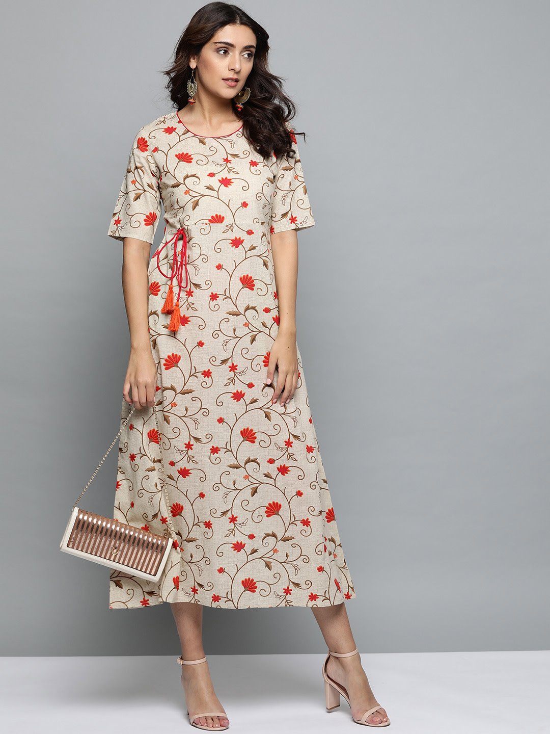 Women Beige Floral Printed Round Neck A-Line Dress | LASVINI - Redefining Indian Fashion with Elegance