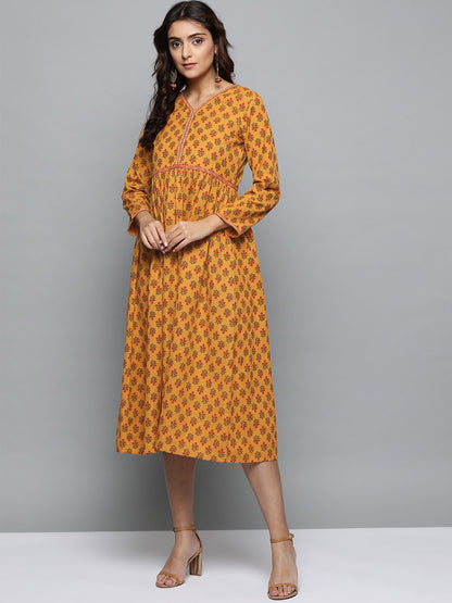 Women Mustard Yellow Floral Printed V-Neck A-Line Dress | LASVINI - Redefining Indian Fashion with Elegance