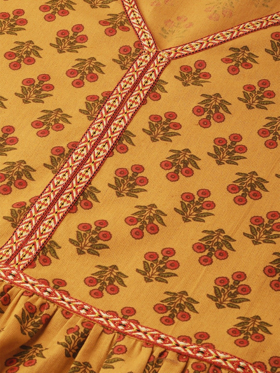 Women Mustard Yellow Floral Printed V-Neck A-Line Dress | LASVINI - Redefining Indian Fashion with Elegance