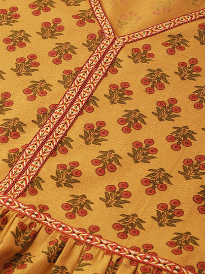 Women Mustard Yellow Floral Printed V-Neck A-Line Dress | LASVINI - Redefining Indian Fashion with Elegance