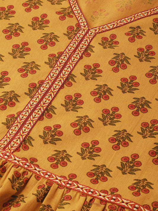 Women Mustard Yellow Floral Printed V-Neck A-Line Dress | LASVINI - Redefining Indian Fashion with Elegance