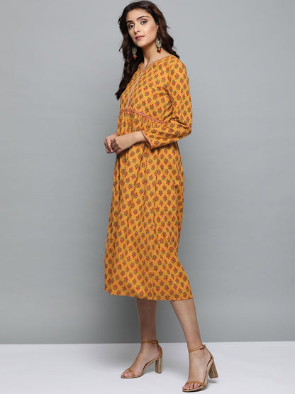 Women Mustard Yellow Floral Printed V-Neck A-Line Dress | LASVINI - Redefining Indian Fashion with Elegance