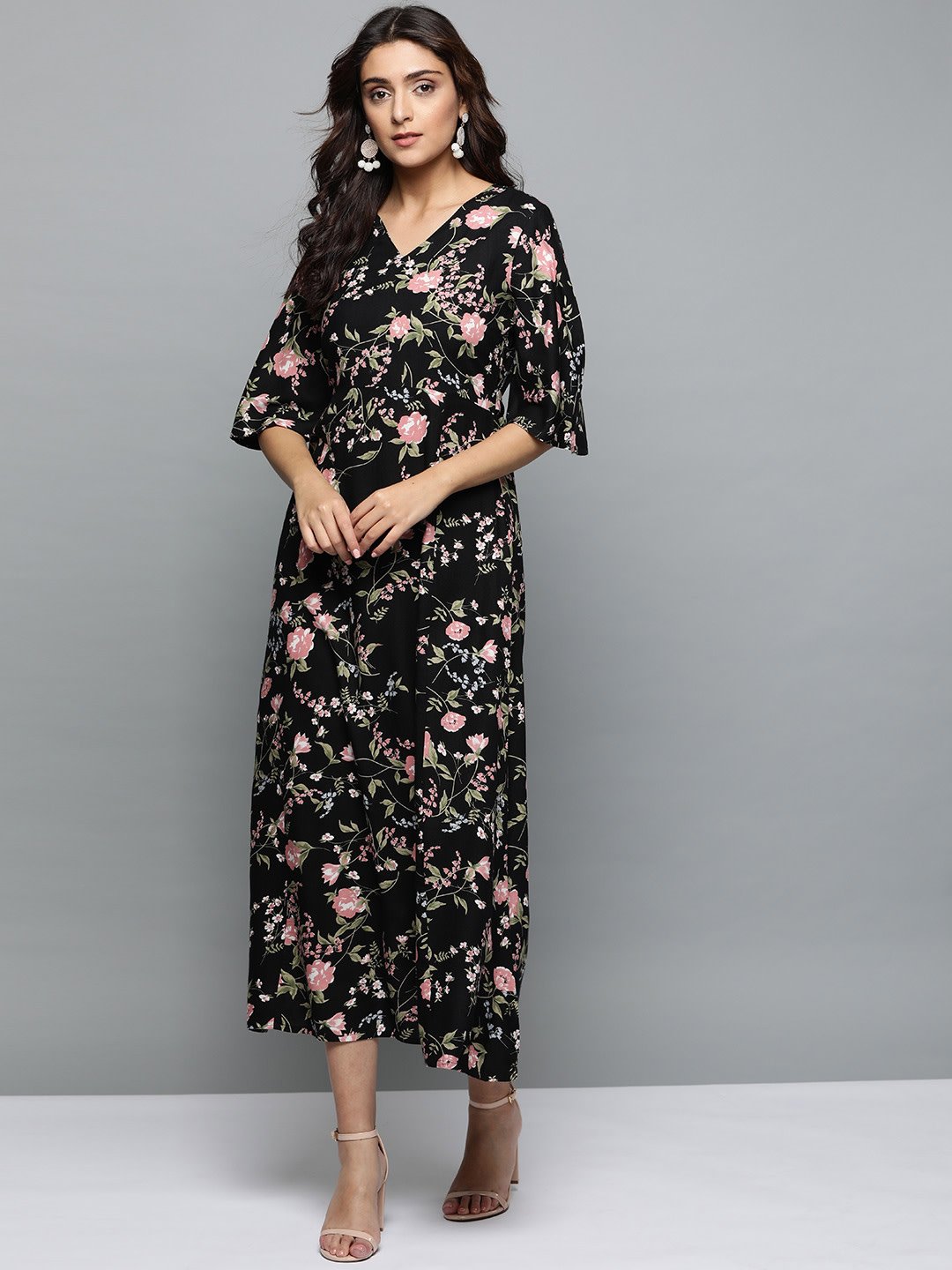 Women Black Floral Printed V-Neck A-Line Dress | LASVINI - Redefining Indian Fashion with Elegance
