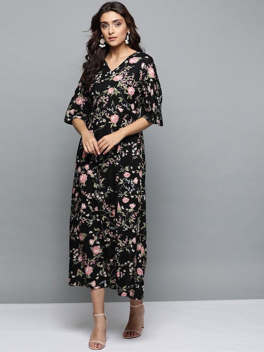 Women Black Floral Printed V-Neck A-Line Dress | LASVINI - Redefining Indian Fashion with Elegance