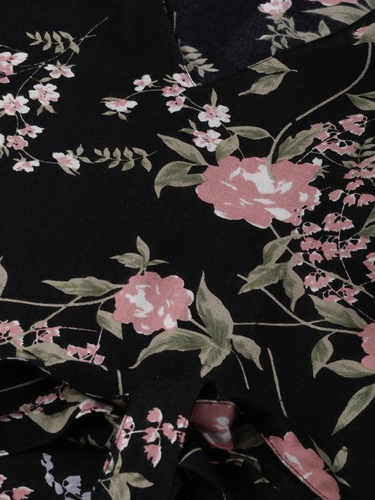Women Black Floral Printed V-Neck A-Line Dress | LASVINI - Redefining Indian Fashion with Elegance